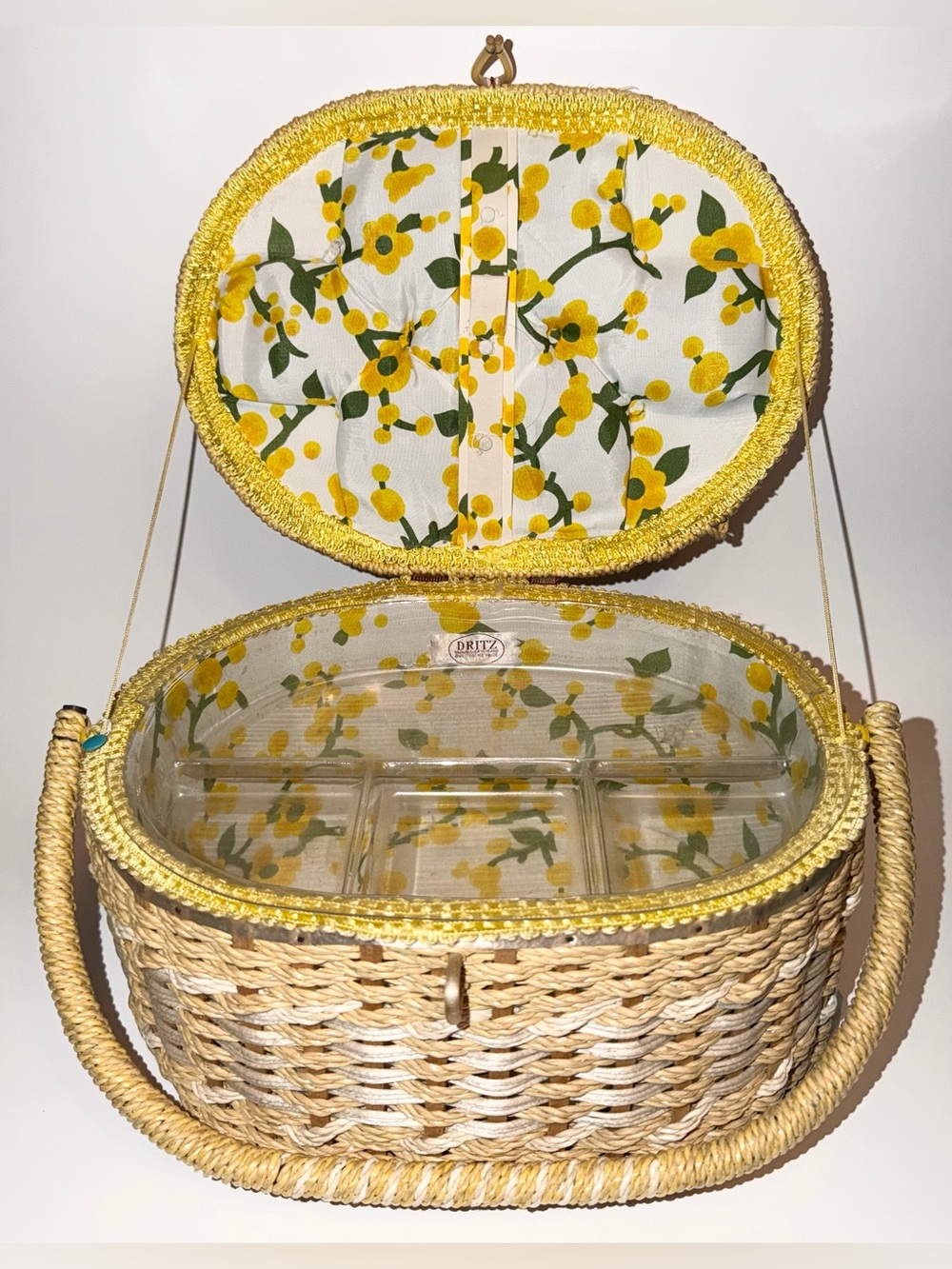 VTG Dritz Wicker Sewing Basket Box W/ Handle Yellow Flowers Floral Top Oval